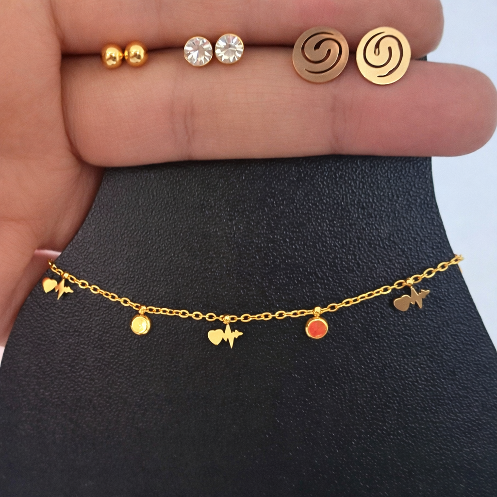 Minimal Gold Charm Bracelet with 3-Pair Stud Earrings Set (Stainless Steel | 316L | Waterproof)