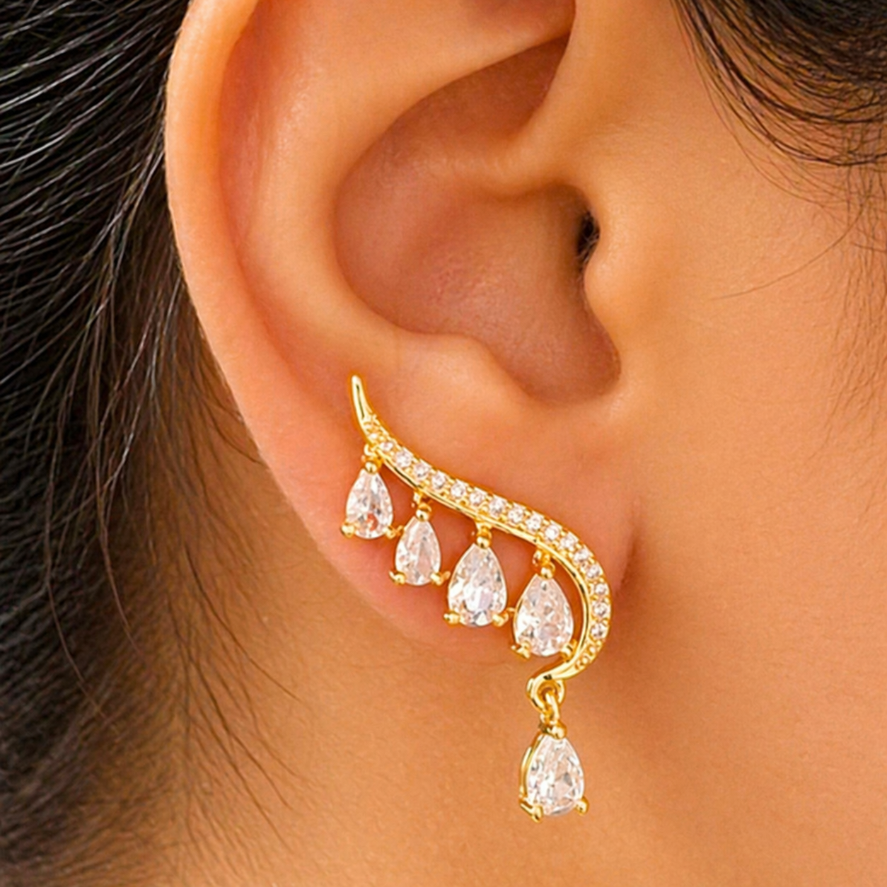 Premium Anti-Tarnish Gold Ear Climbers with Teardrop Stones