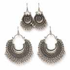 Oxidized Silver Dual Earrings Combo – Statement Chandbali & Floral Drop Set
