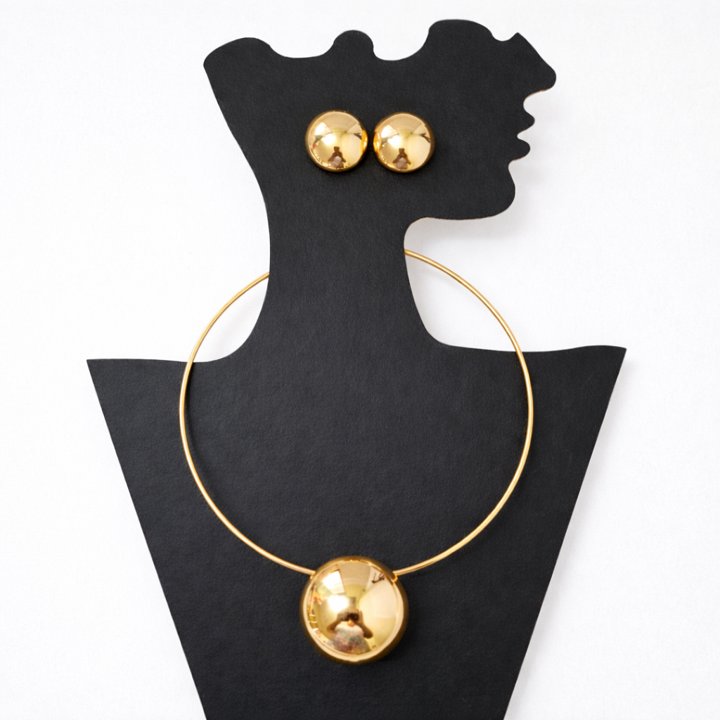 Gold Dome Pendant Choker Necklace Set with Stud Earrings