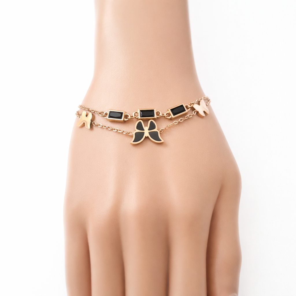 Dual Layer Butterfly Charm Stainless Steel Bracelet – Black & Gold