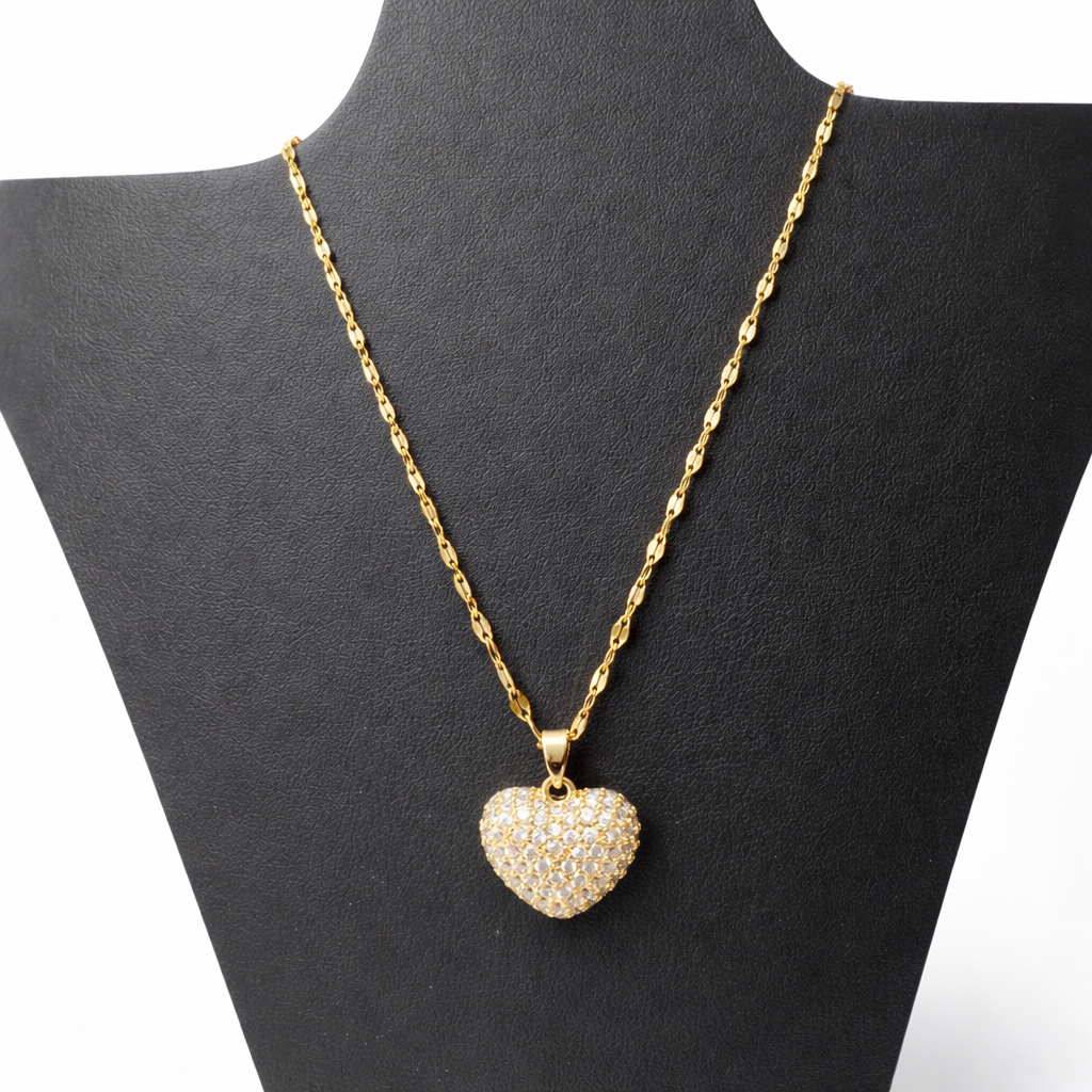 Elegant Gold-Toned Heart Crystal Pendant Necklace