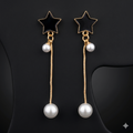 Black Star & Pearl Long Drop Earrings