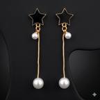 Black Star & Pearl Long Drop Earrings