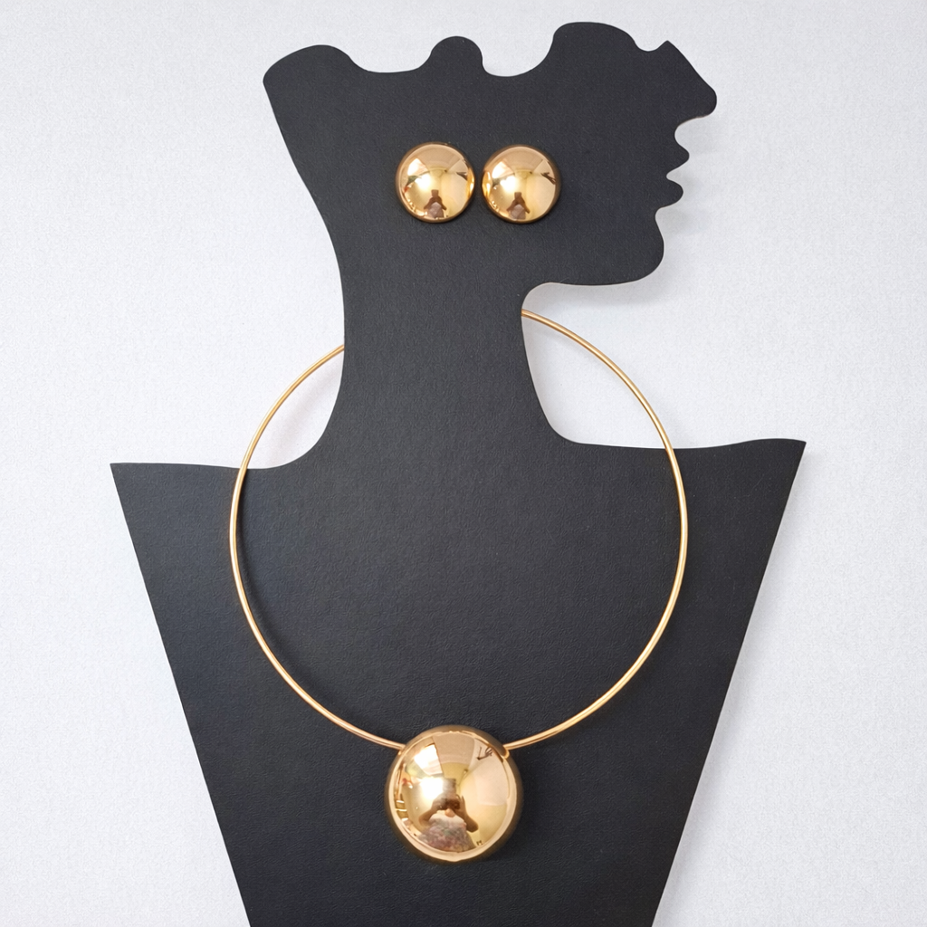 Gold Dome Pendant Choker Necklace Set with Stud Earrings