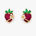 Strawberry Heart Sterling Silver Stud Earrings with American Diamonds & Pearl Accents