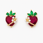 Strawberry Heart Sterling Silver Stud Earrings with American Diamonds & Pearl Accents