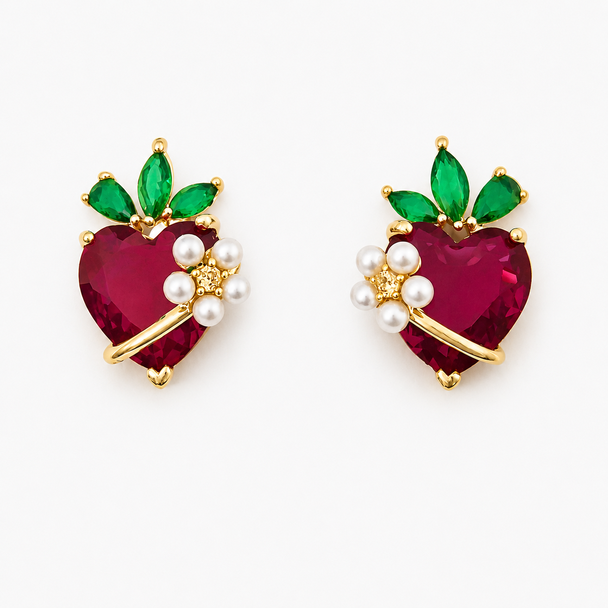 Strawberry Heart Sterling Silver Stud Earrings with American Diamonds & Pearl Accents