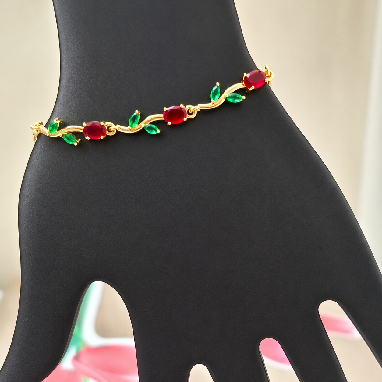 Anti-Tarnish Gold-Plated Red & Green Tulip Stone Bracelet for Women