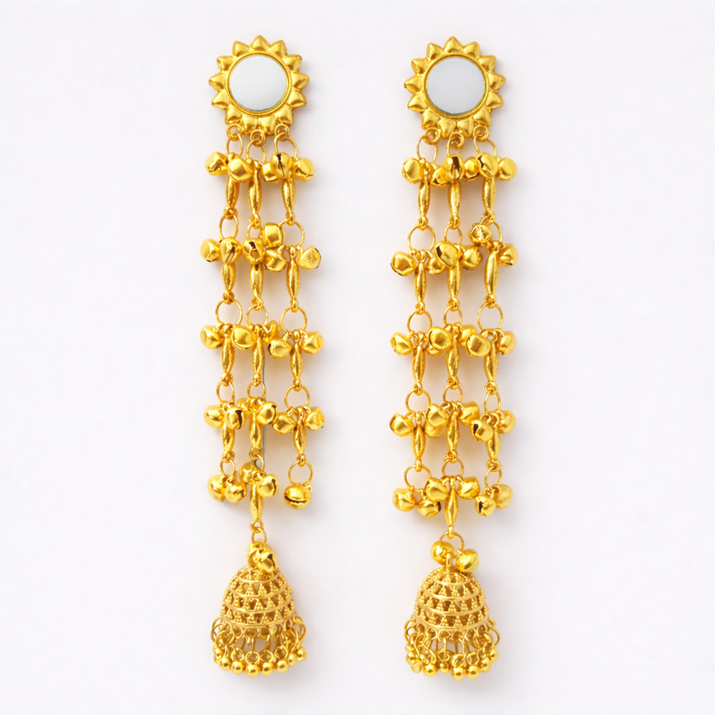 Kashmiri Noor Jhumka Chandeliers - Gold Tone Mirror Work Earrings