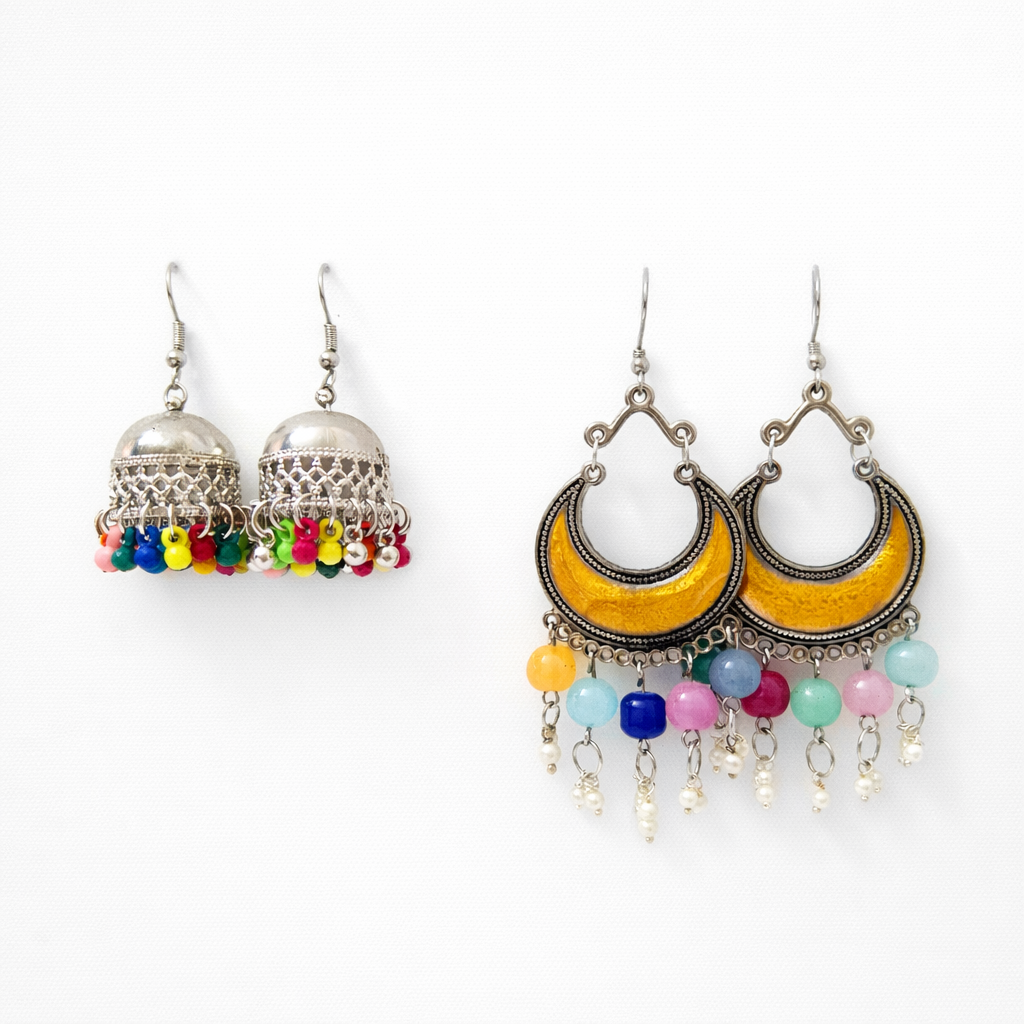 Dual Charm Oxidized Earrings – Jhumka & Crescent Multicolor (2 Variants)