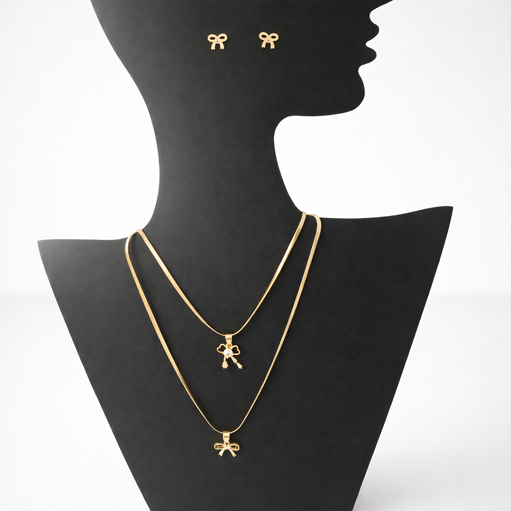 Elegant Bow Charm Jewelry Set (5-in-1 Combo) – 2 Necklaces & 3 Stud Earrings