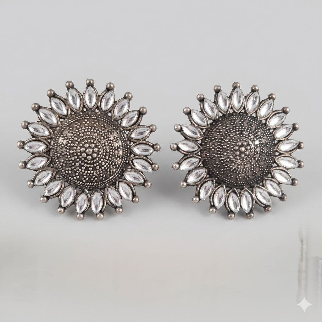 Sunburst Oxidized Statement Stud Earrings with Clear Stones