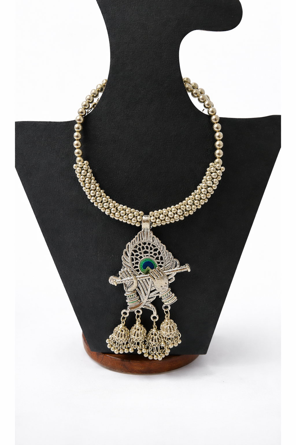 Oxidized Silver Krishna Flute Statement Choker Necklace