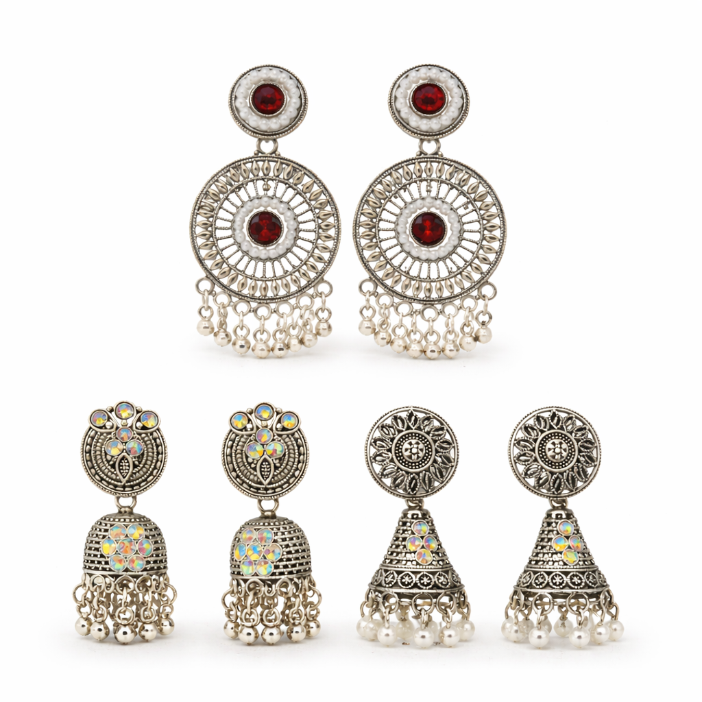 Oxidized Silver Earrings Combo - 3 Unique Traditional Designs