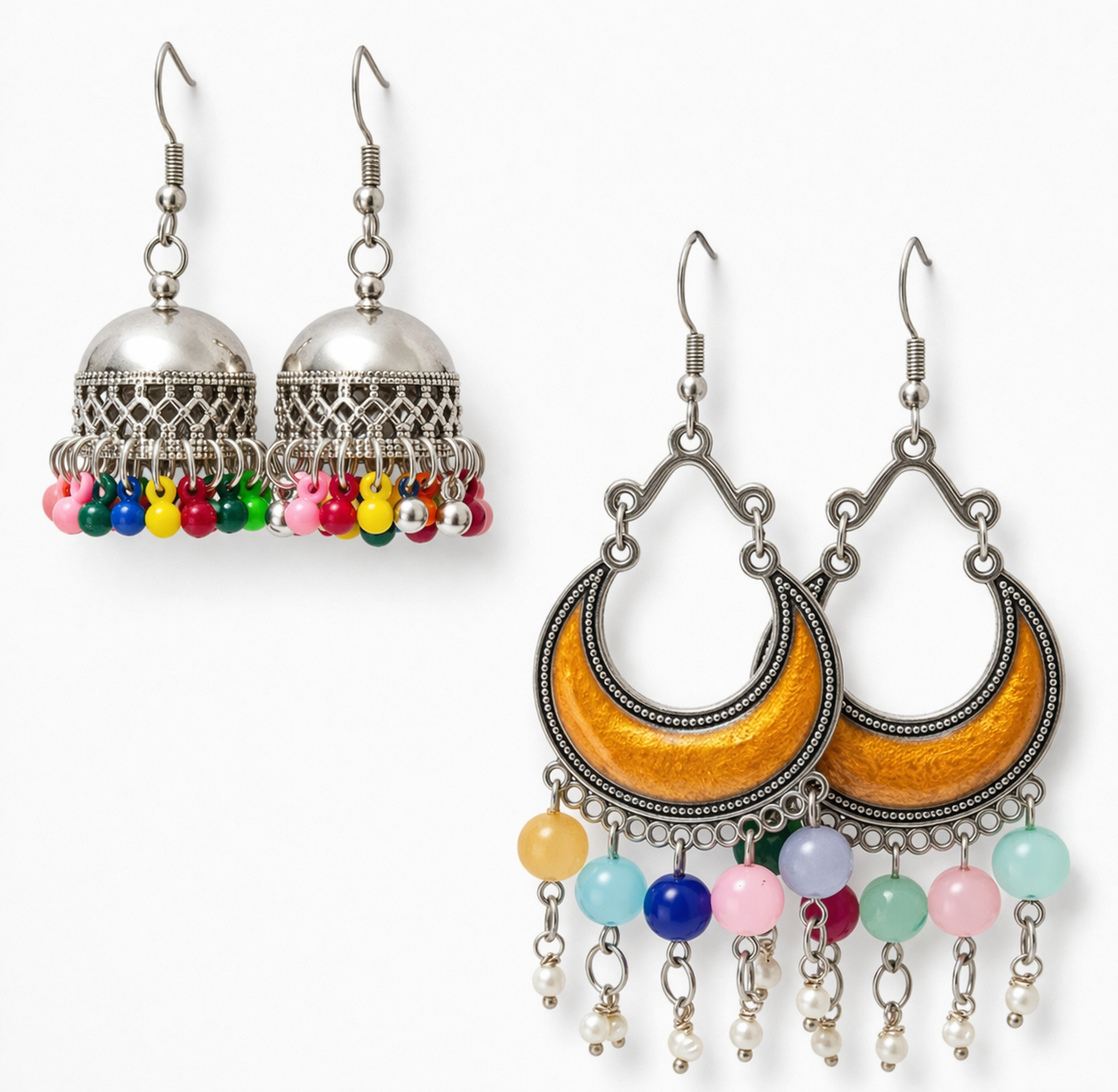 Dual Charm Oxidized Earrings – Jhumka & Crescent Multicolor (2 Variants)