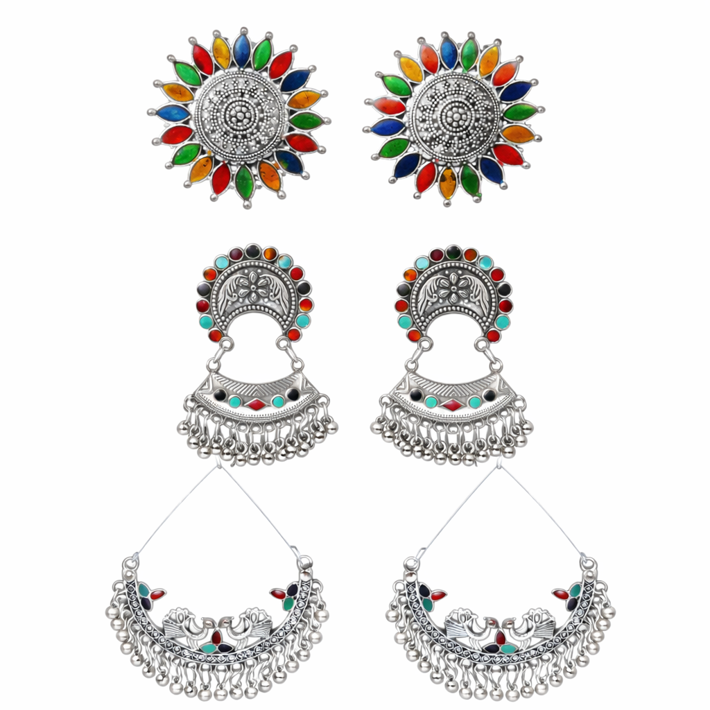Oxidized Multicolor Statement Earrings Combo - Set of 3