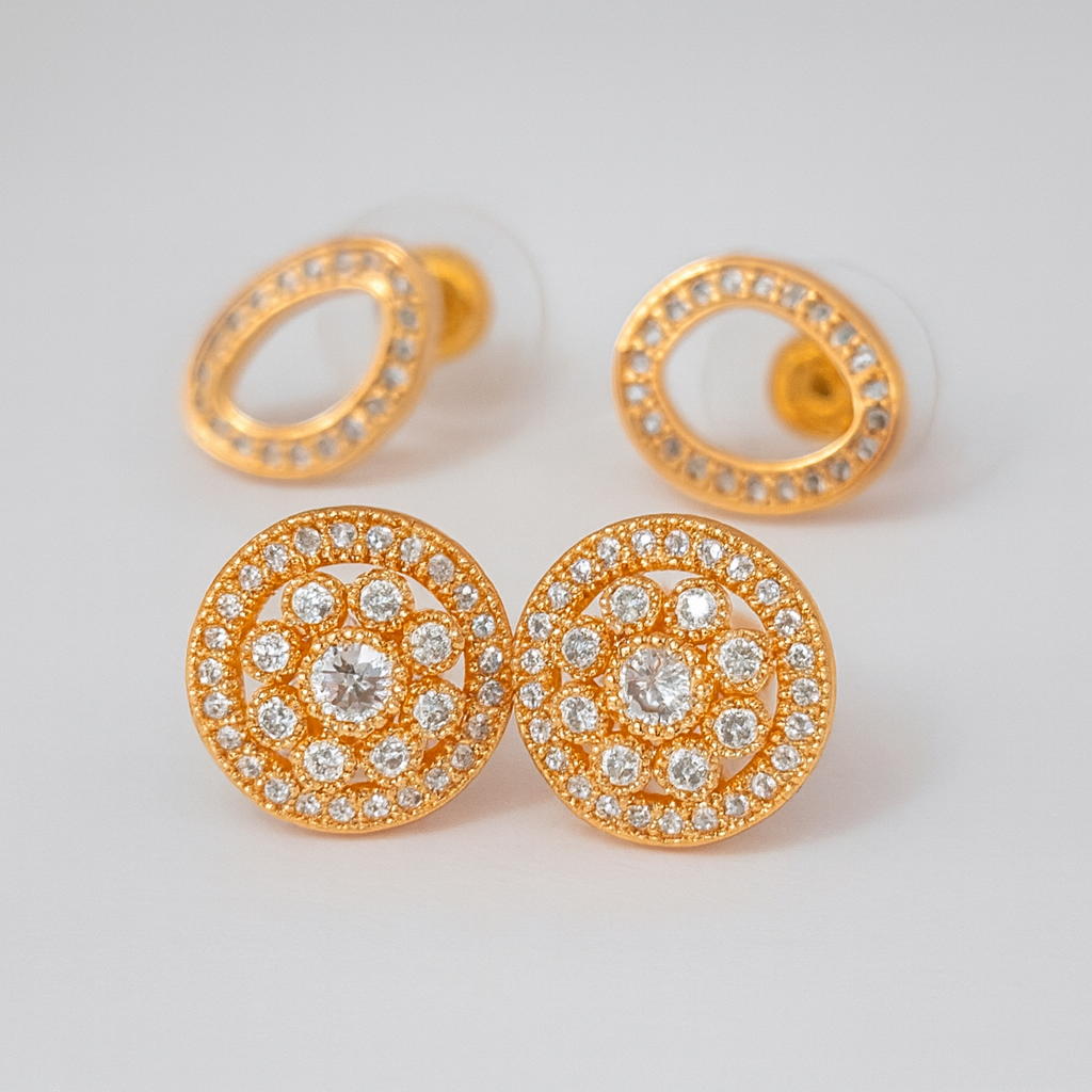 Timeless Sparkle Brass Oval & Round Stud Earrings Combo with American Diamonds