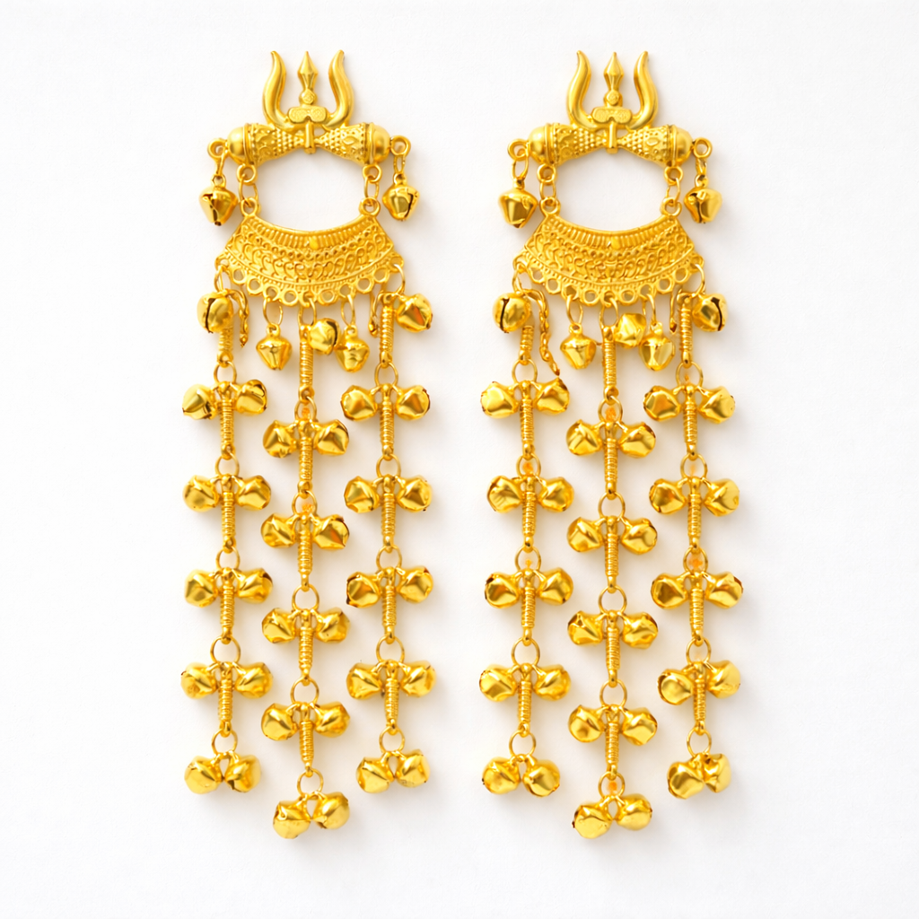 Kashmiri Trishul Gold Statement Earrings with Ghungroo Drops