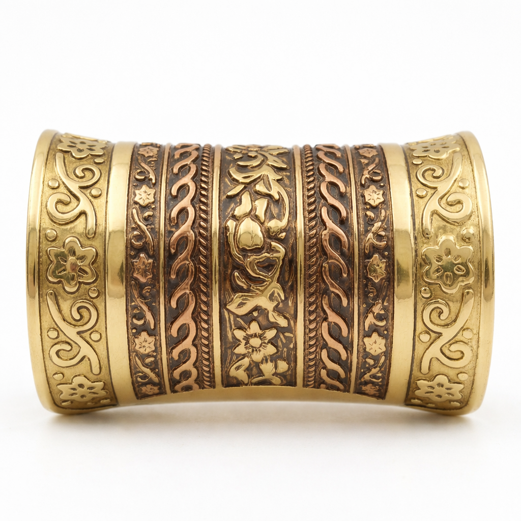 Vintage Floral Engraved Wide Cuff Bracelet – Antique Gold Finish