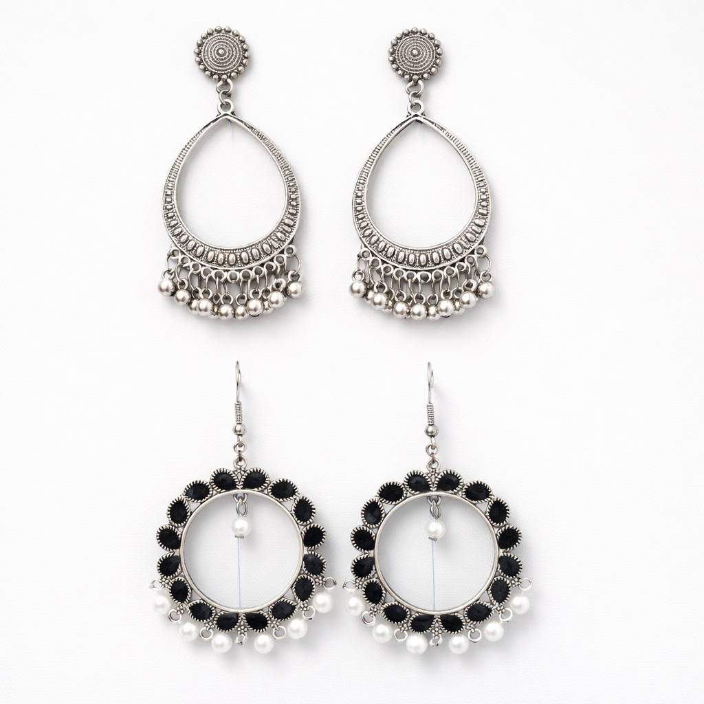 Oxidized Statement Earrings Combo with Pearl Drops (Set of 2)