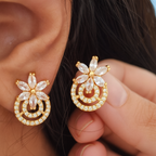 Floral American Diamond Stud Earrings – Gold Plated Brass