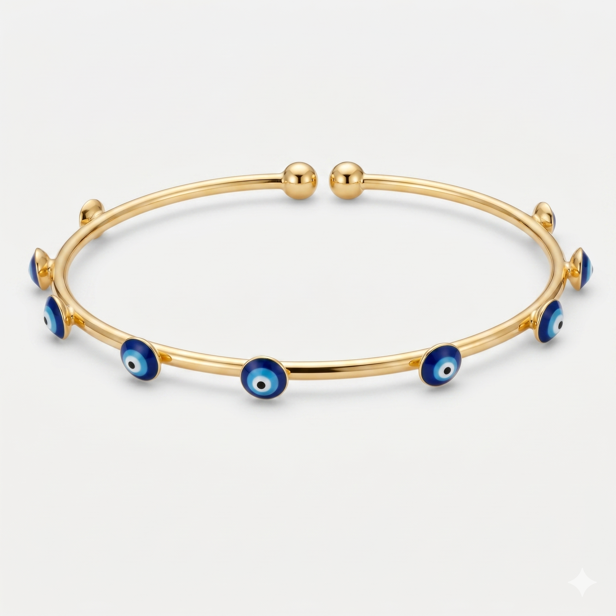 Blue Evil Eye Open Cuff Bracelet – Gold Plated Stainless Steel Anti-Tarnish Bangle for Women