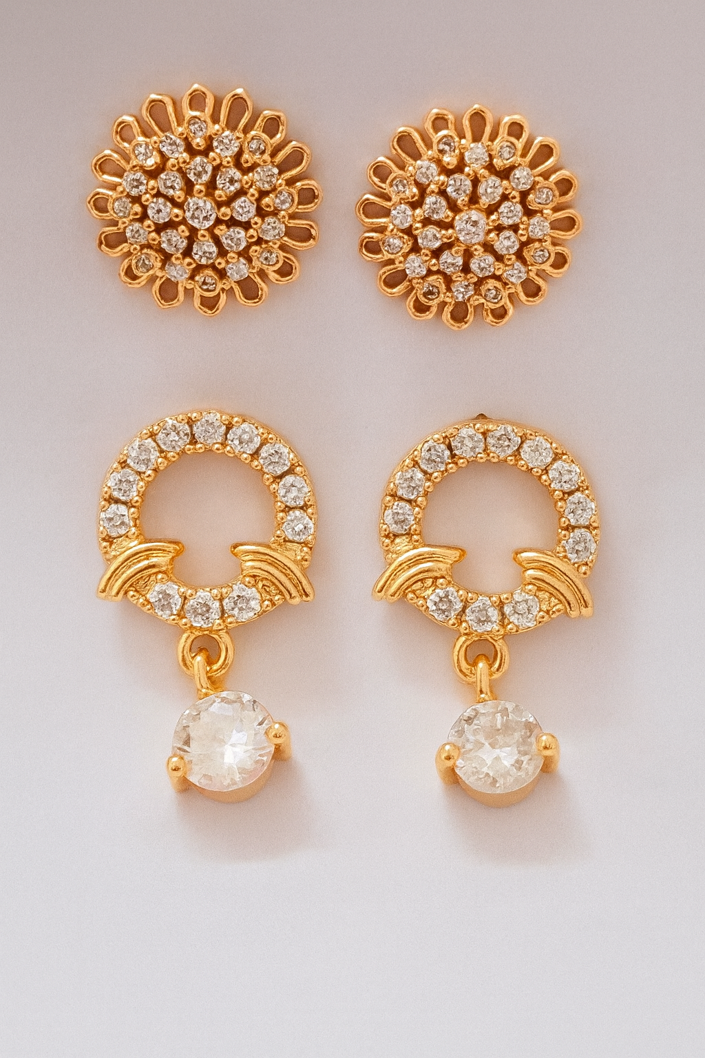 Dual Elegance Brass Stud & Drop Earrings Set with American Diamonds