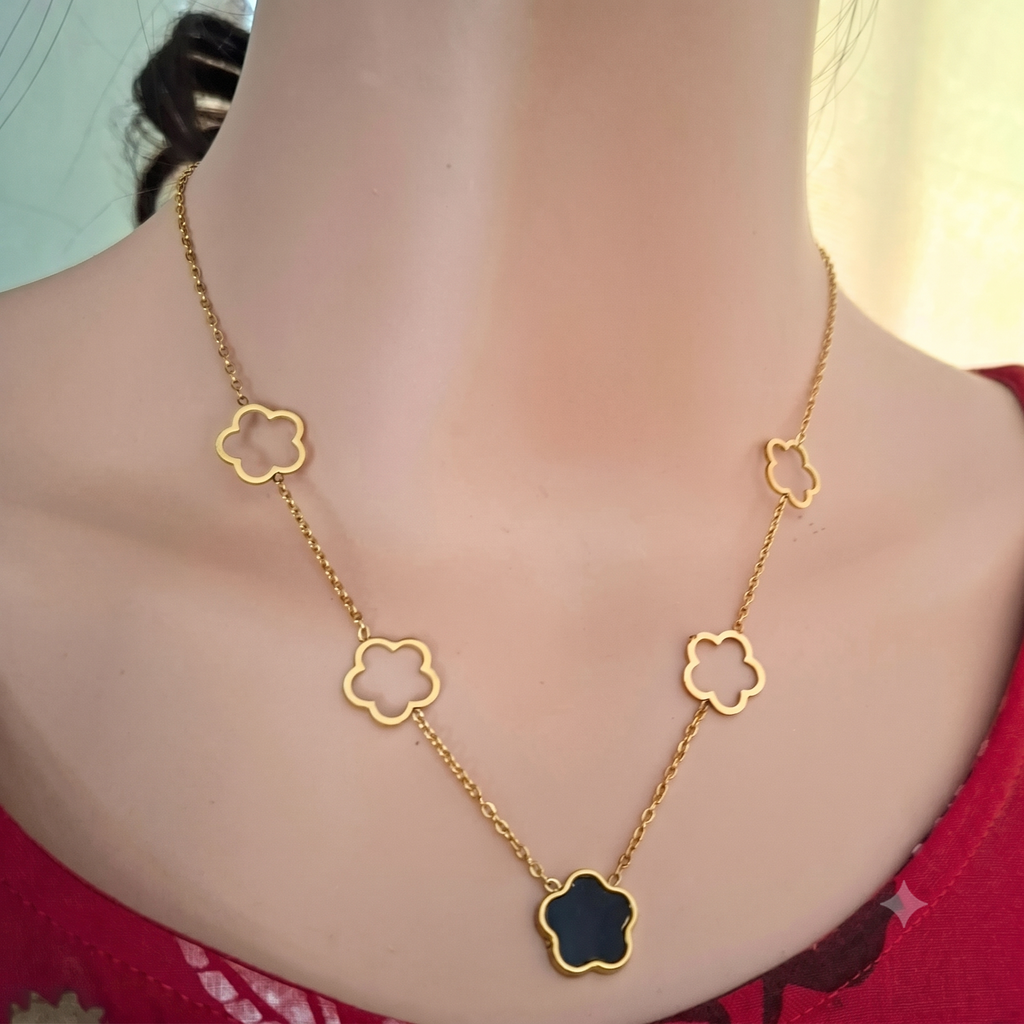 Clover Charm Stainless Steel Necklace – Gold Finish with Black Accent Pendant