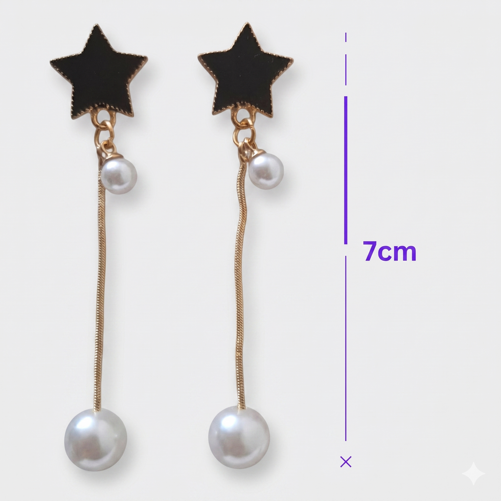 Black Star & Pearl Long Drop Earrings
