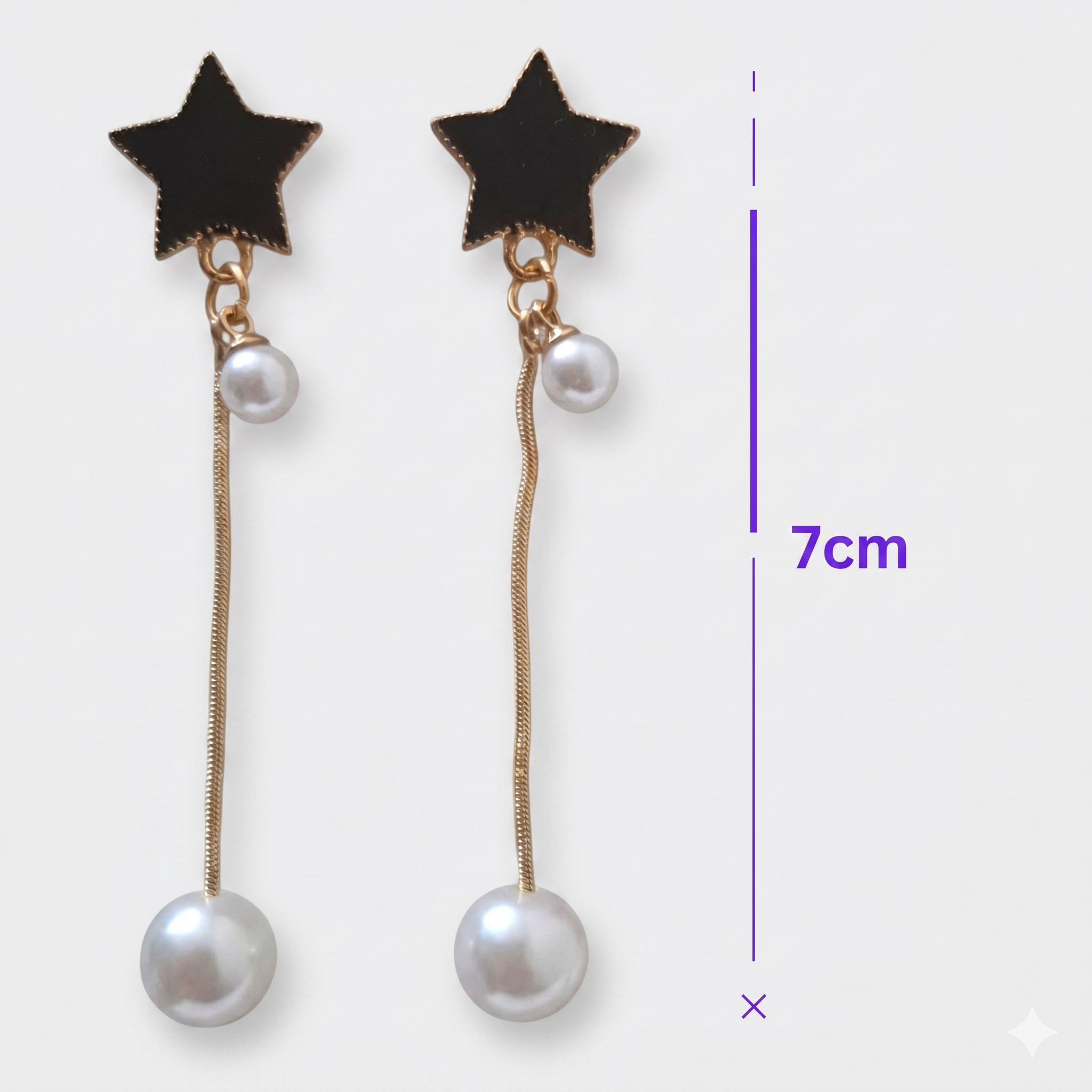 Black Star & Pearl Long Drop Earrings