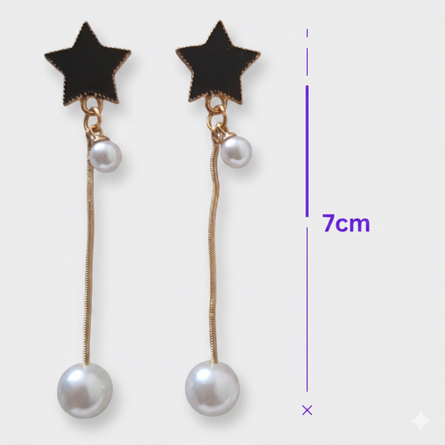 Black Star & Pearl Long Drop Earrings