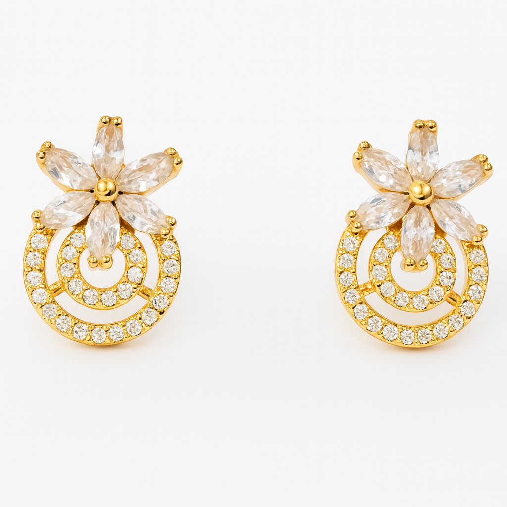 Floral American Diamond Stud Earrings – Gold Plated Brass