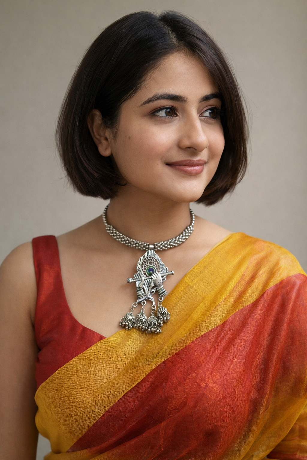 Oxidized Silver Krishna Flute Statement Choker Necklace