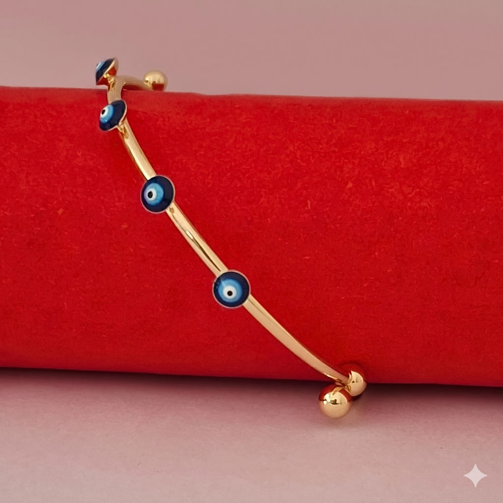 Blue Evil Eye Open Cuff Bracelet – Gold Plated Stainless Steel Anti-Tarnish Bangle for Women