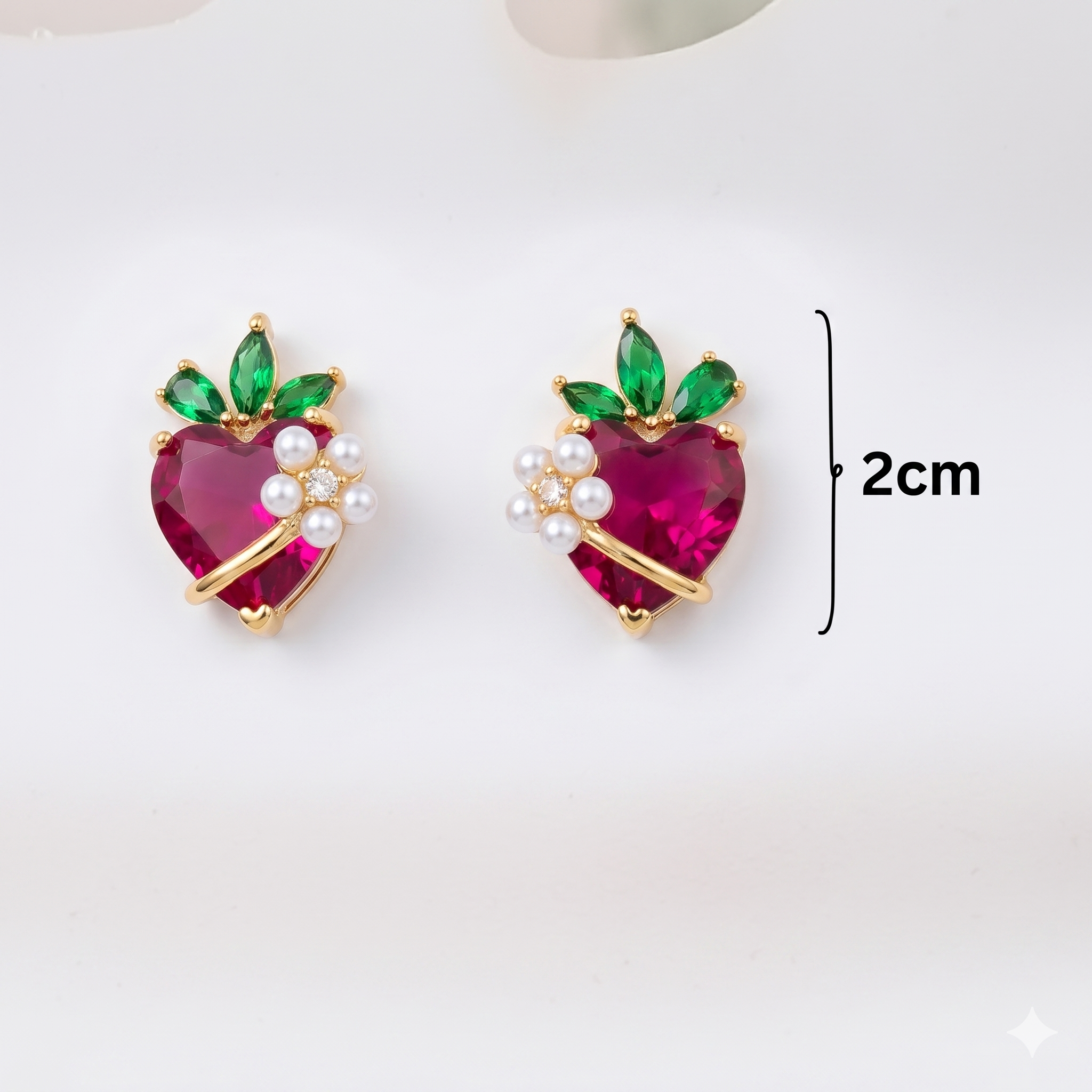 Strawberry Heart Sterling Silver Stud Earrings with American Diamonds & Pearl Accents