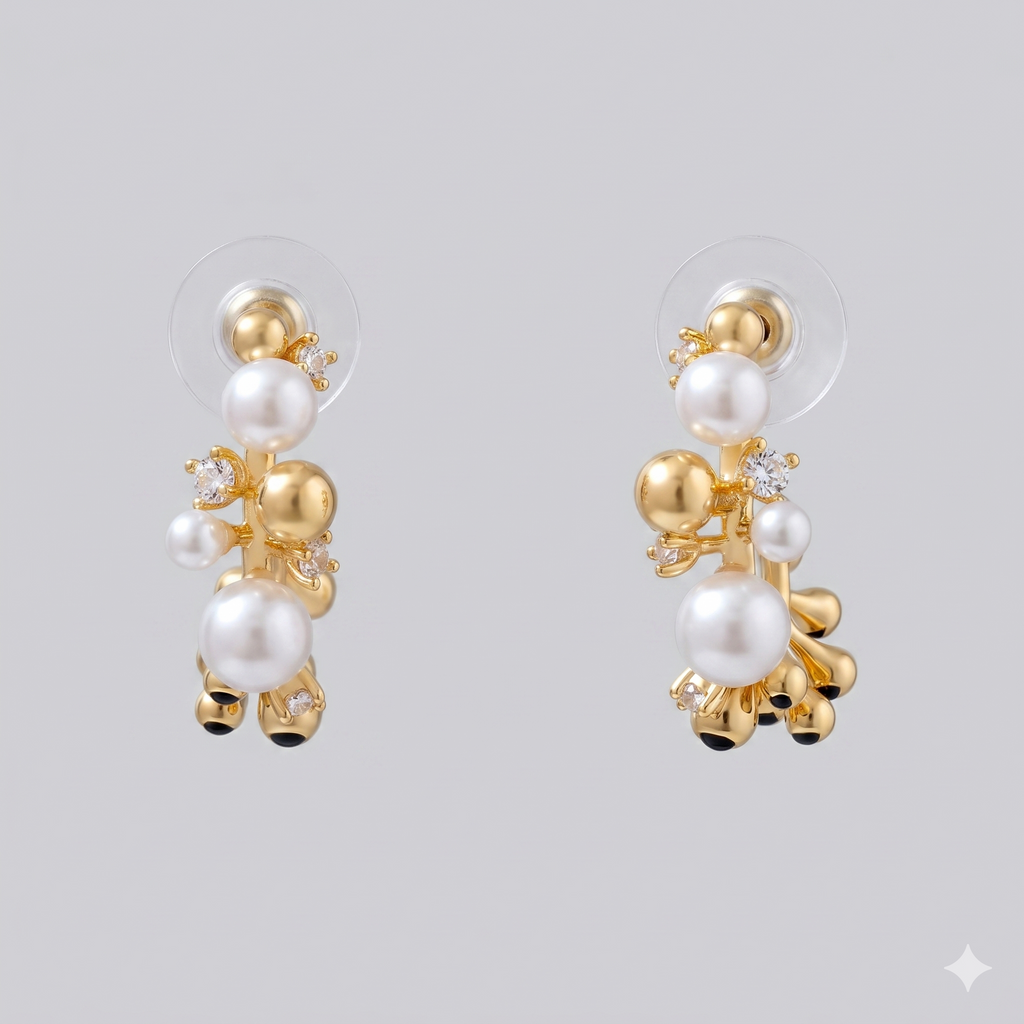 Anti-Tarnish Gold Pearl Hoop Earrings with CZ Stones – Elegant Statement Earrings