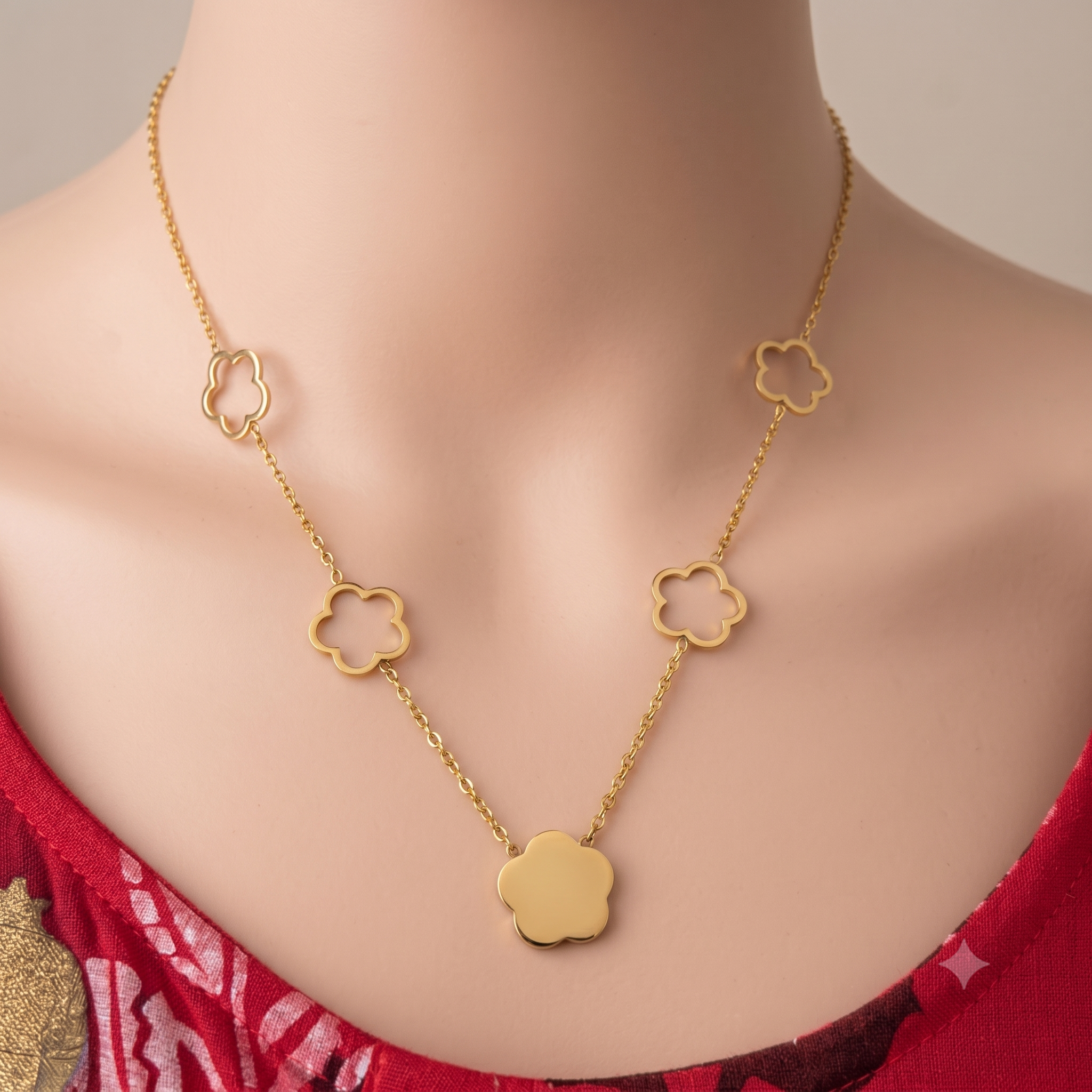Clover Charm Stainless Steel Necklace – Gold Finish with Black Accent Pendant