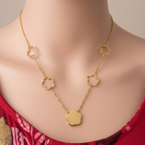 Clover Charm Stainless Steel Necklace – Gold Finish with Black Accent Pendant