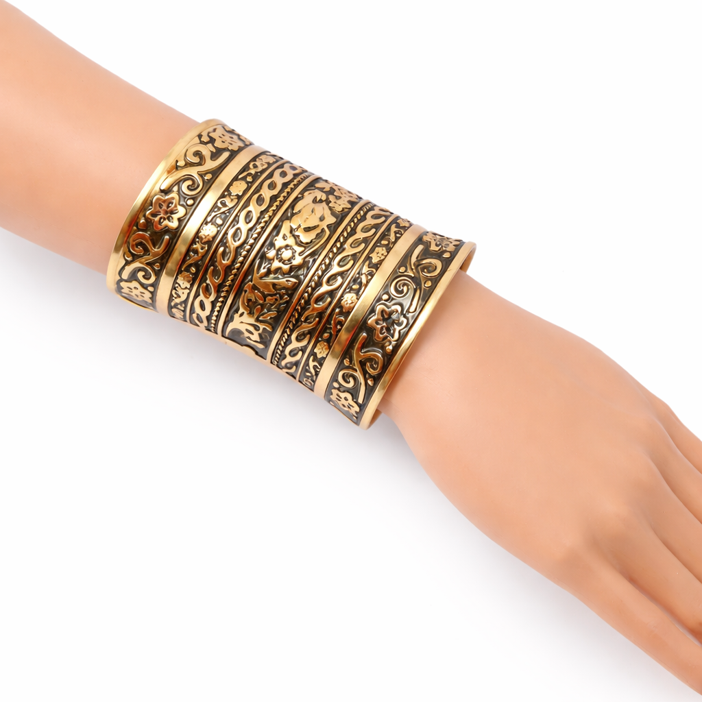 Vintage Floral Engraved Wide Cuff Bracelet – Antique Gold Finish