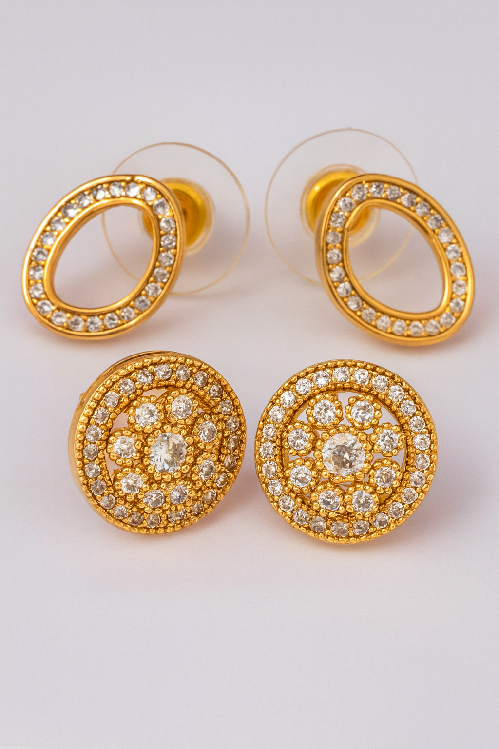 Timeless Sparkle Brass Oval & Round Stud Earrings Combo with American Diamonds