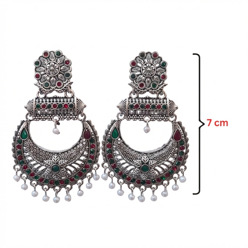Ethnic Antique Silver Chandbali Earrings for Festive Wear