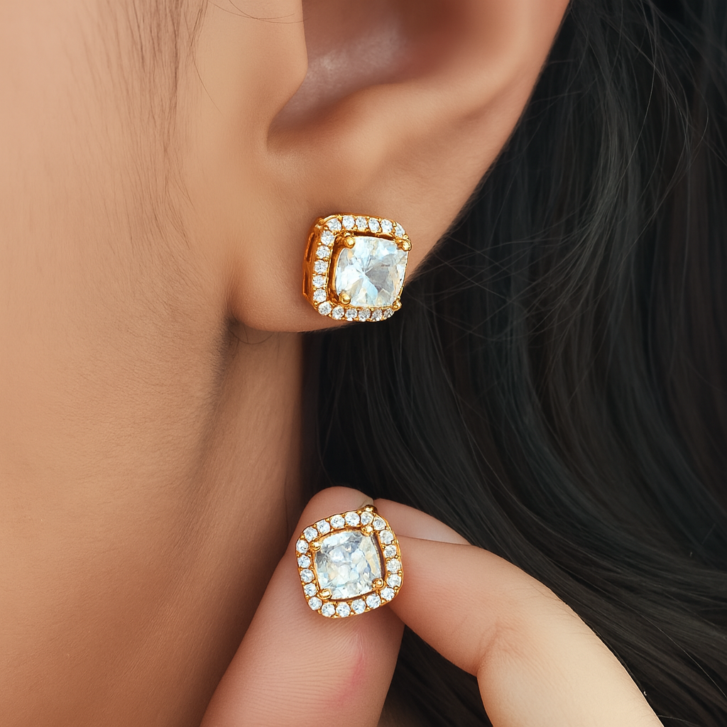 Radiant Sparkle Brass Stud Earrings Combo with American Diamonds (Set of 2)