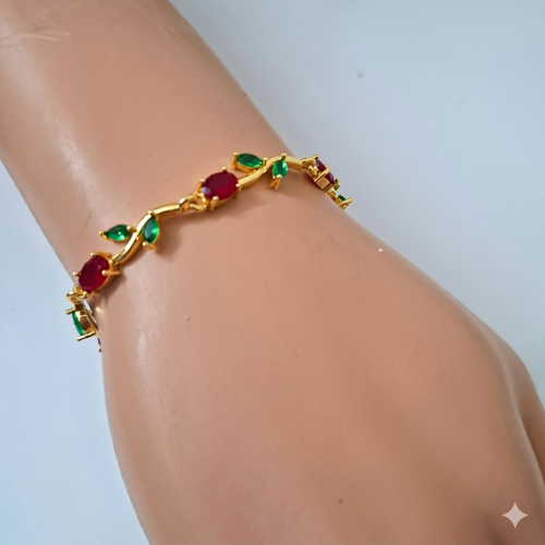 Anti-Tarnish Gold-Plated Red & Green Tulip Stone Bracelet for Women