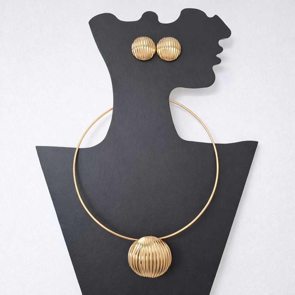 Gold Dome Pendant Choker Necklace Set with Stud Earrings