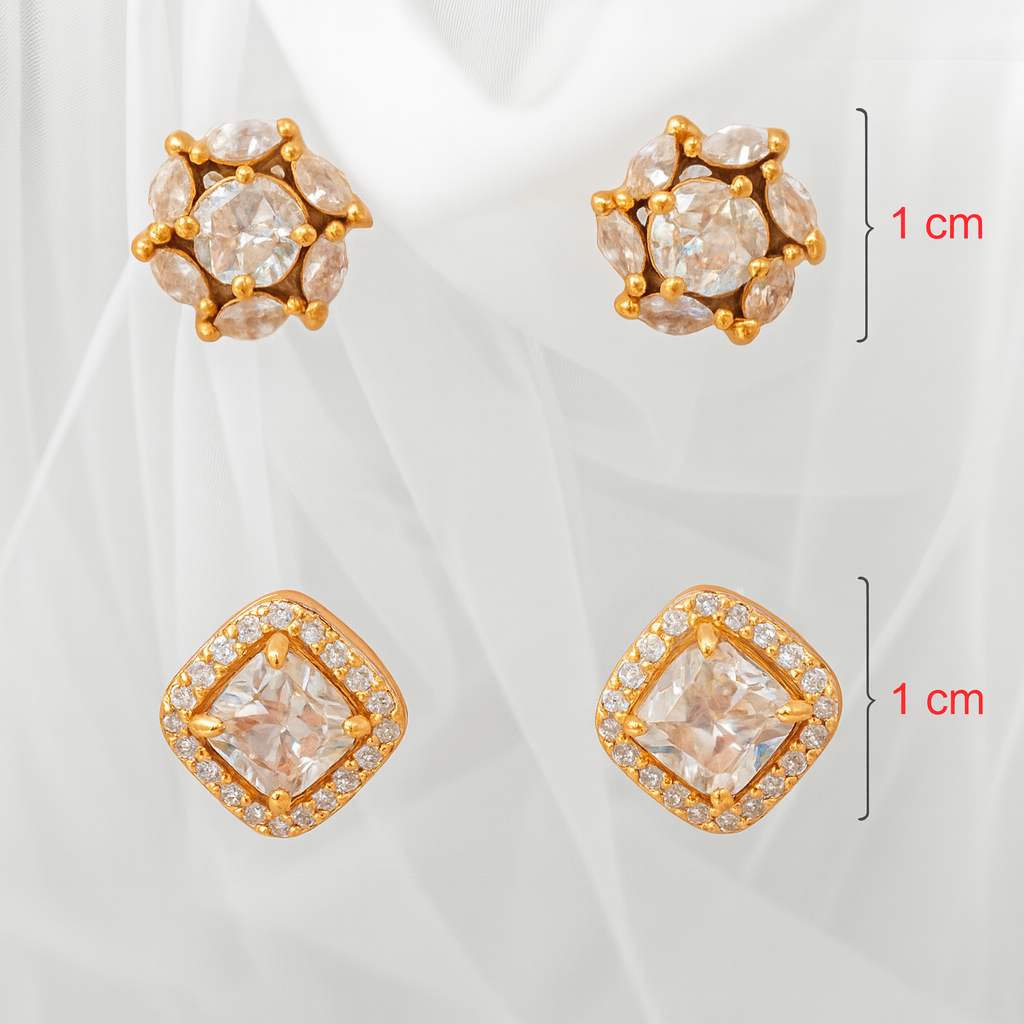 Radiant Sparkle Brass Stud Earrings Combo with American Diamonds (Set of 2)
