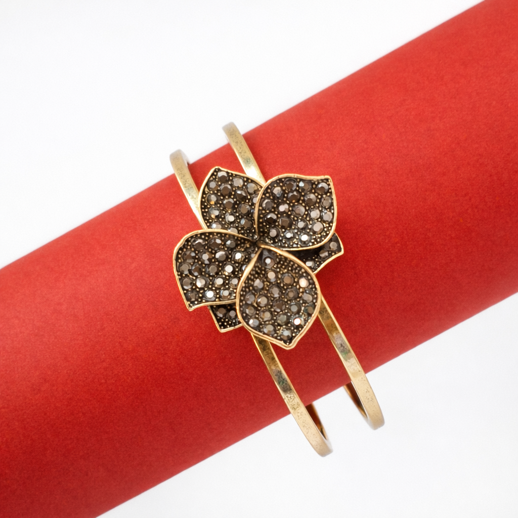 Floral Crystal Double Bangle Bracelet – Gold Tone Bracelet