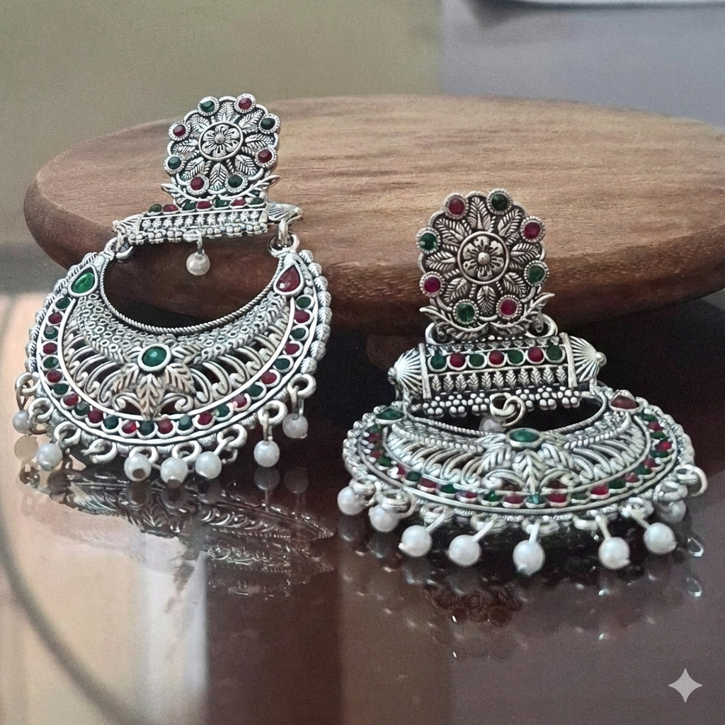 Ethnic Antique Silver Chandbali Earrings for Festive Wear
