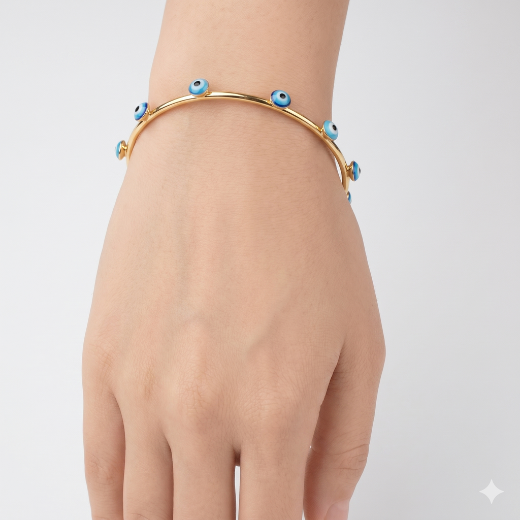 Blue Evil Eye Open Cuff Bracelet – Gold Plated Stainless Steel Anti-Tarnish Bangle for Women