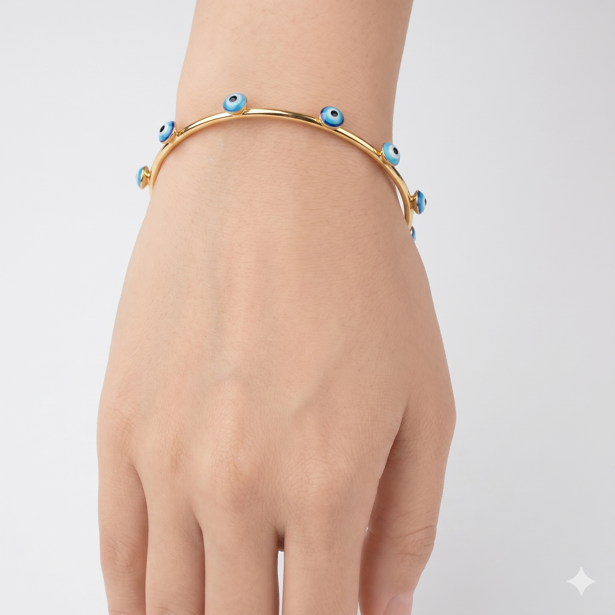 Blue Evil Eye Open Cuff Bracelet – Gold Plated Stainless Steel Anti-Tarnish Bangle for Women